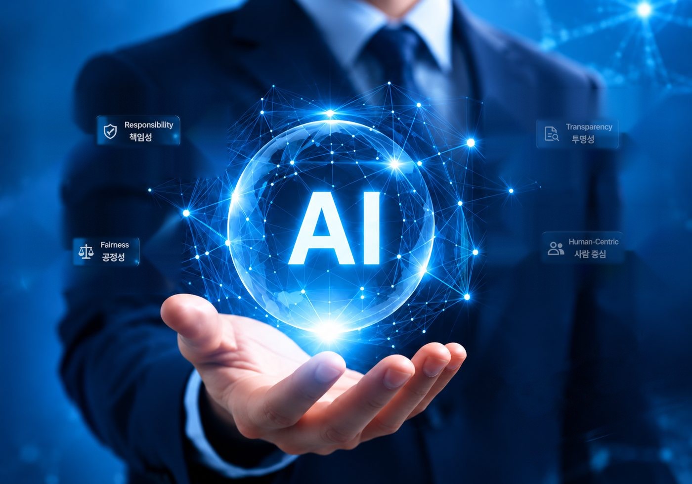 Responsible AI, Better Tomorrow. 한국AI윤리위원회의 AI 윤리 핵심가치 (책임성 · 투명성 · 공정성 · 사람 중심)