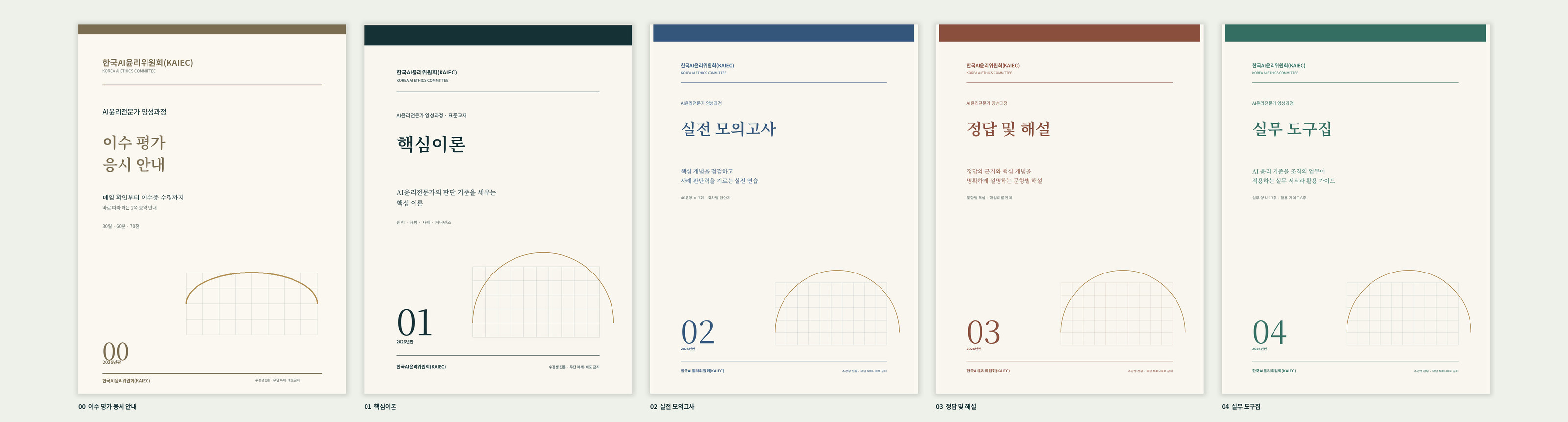 AI윤리전문가 양성과정 학습자료 5종 표지: 00 이수 평가 응시 안내, 01 핵심이론, 02 실전 모의고사, 03 정답 및 해설, 04 실무 도구집